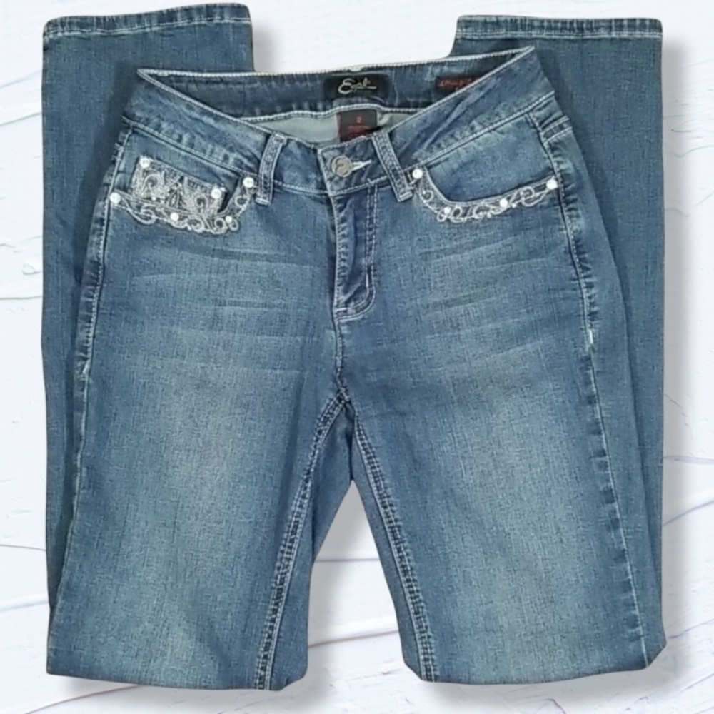 Earl Women's Jeans Size 2 Straight Leg Embellished Blue Medium Wash
